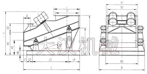 ZSG礦用振動(dòng)篩外形示意圖：B為礦用振動(dòng)篩寬度，L為礦用振動(dòng)篩長度。H為礦用振動(dòng)篩高度等。