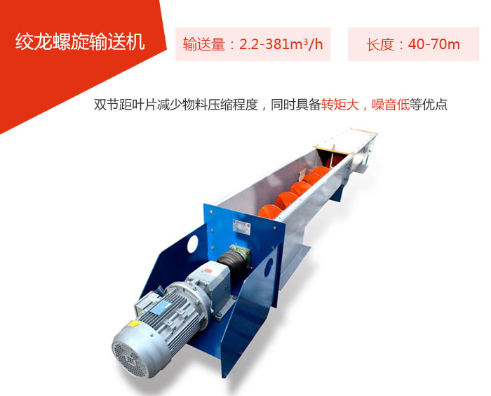 絞龍螺旋輸送機輸送量：2.2-381m3/h 長度：40-70m 雙節(jié)距葉片減少物料壓縮程度，同時具備轉(zhuǎn)矩大，噪音低等優(yōu)點。